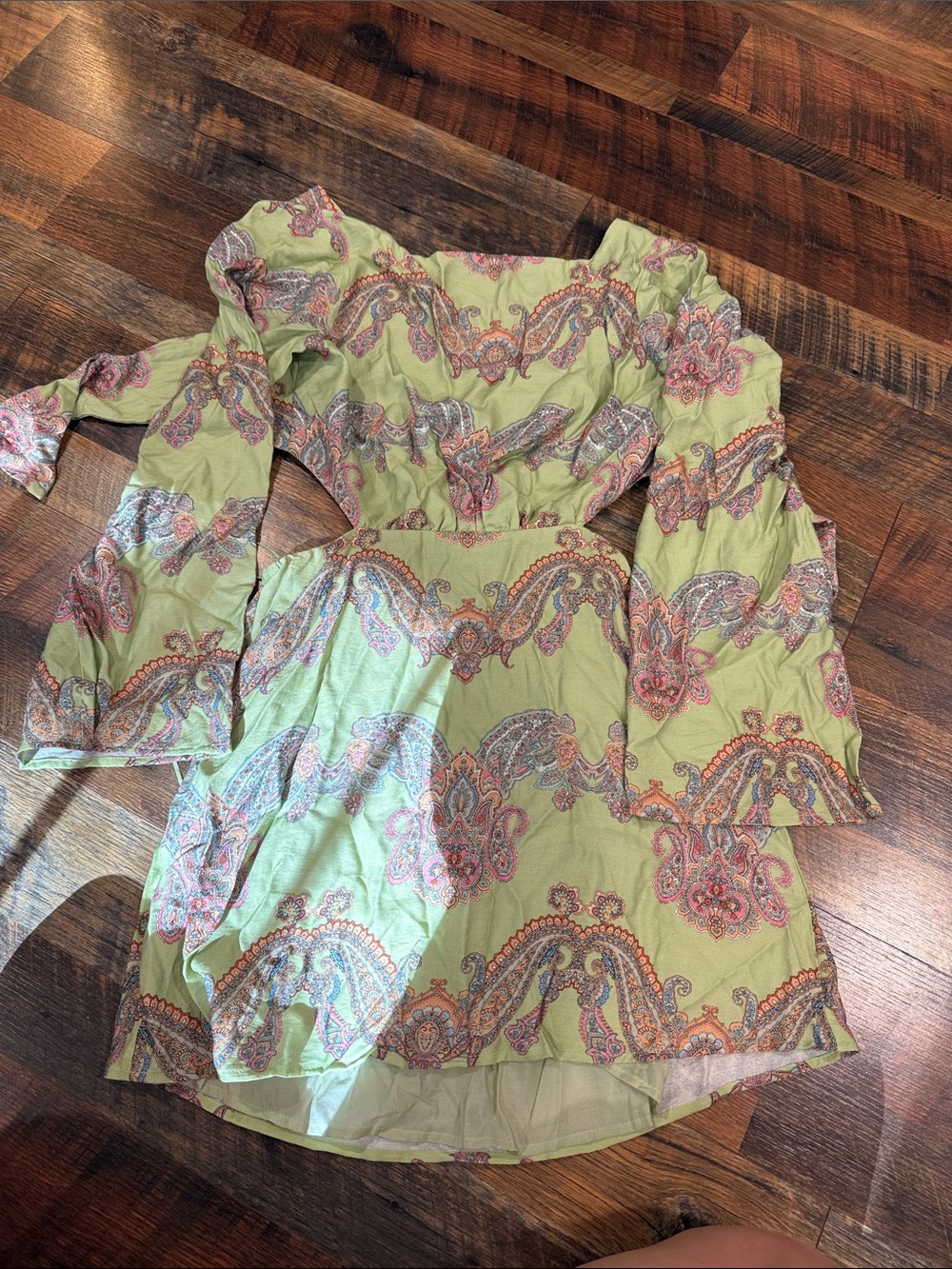 Vici Light Green Paisley Off-Shoulder Dress with Pink & Orange Details